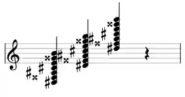 Sheet music of D# 7b9b13#11 in three octaves